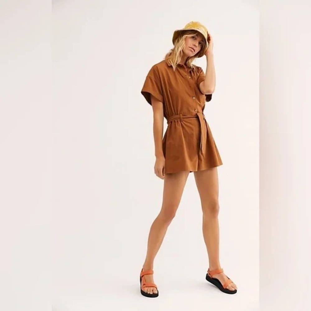 Free People Rust Brown Short-Sleeve Utility Romper
